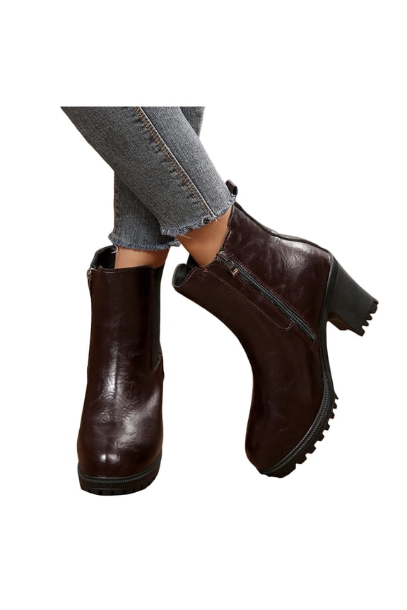 Women's Platform High Heeled Ankle Boots Mid Calf Elastic Dressy Booties with Side Zipper