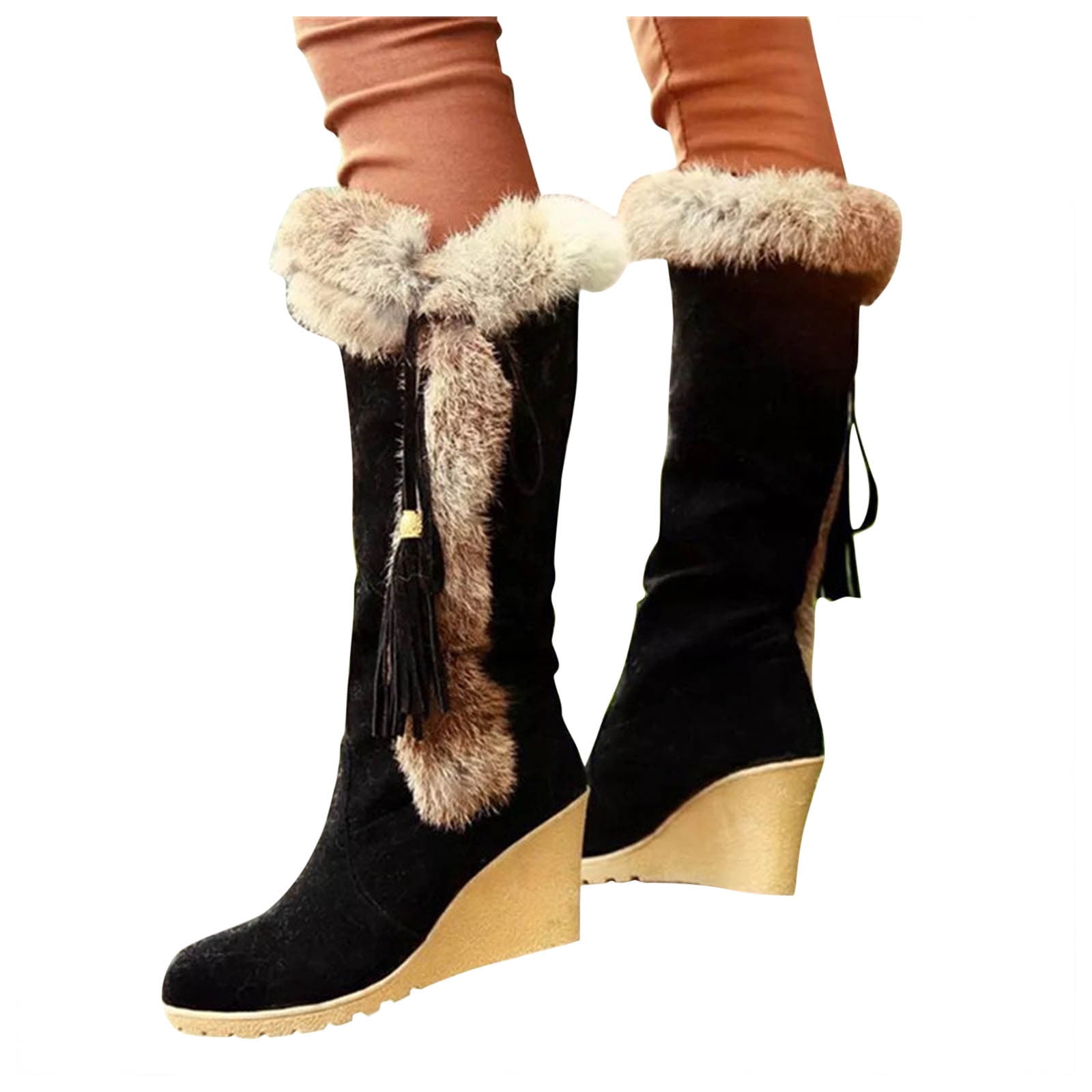 Chenyee Women's Platform Wedge Mid Calf Boots Slip On Furry Warm Suede ...