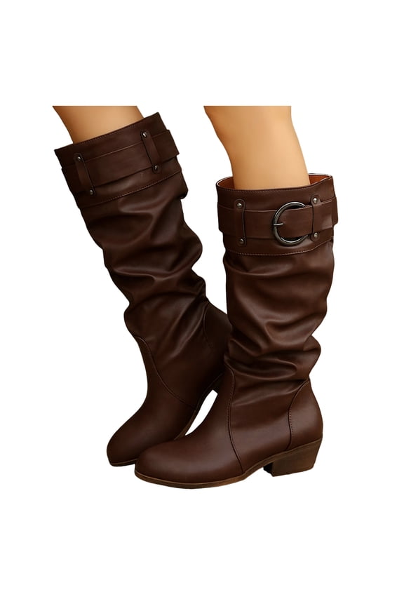 Women's Slouchy Knee High Boots Wide Calf Low Heel Knee Length Riding Combat Booties