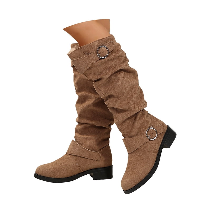 Chenyee Women's Slouchy Knee High Boots Wide Calf Faux Suede Block Low Heel  Knee Length Booties