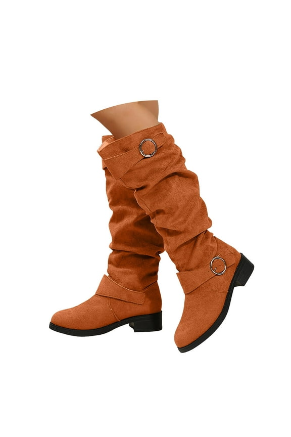 Women's Slouchy Knee High Boots Wide Calf Suede Block Low Heel Knee Length Booties