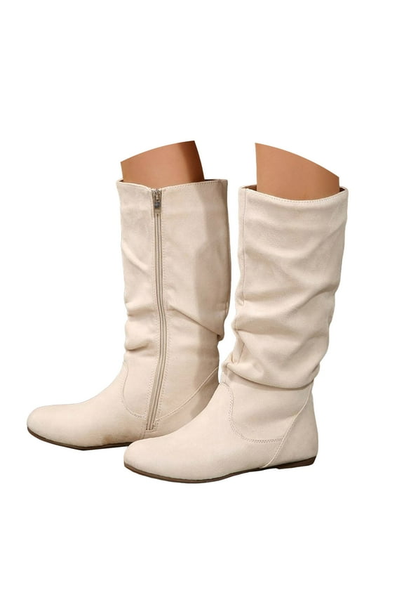 Women's Slouchy Mid Calf Boots Zip Up Comfortable Flat Suede Under Knee High Booties