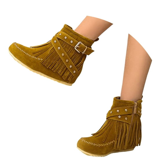 Chenyee Women's Suede Fringe Ankle Boots Flat Hidden Inner Side Zipper Short Booties
