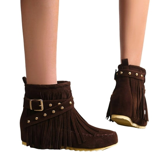 Chenyee Women's Suede Fringe Ankle Boots Flat Hidden Inner Side Zipper Short Booties