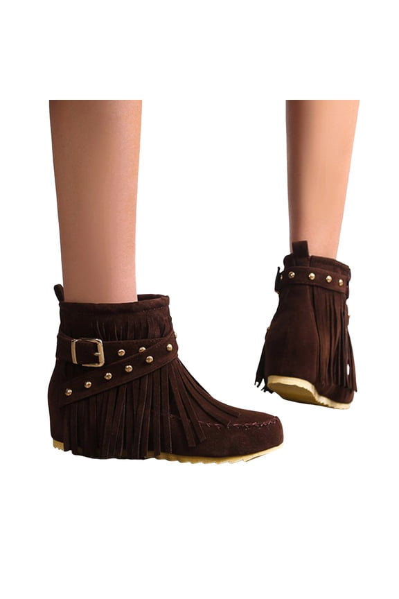Women's Suede Fringe Ankle Boots Flat Hidden Inner Side Zipper Short Booties
