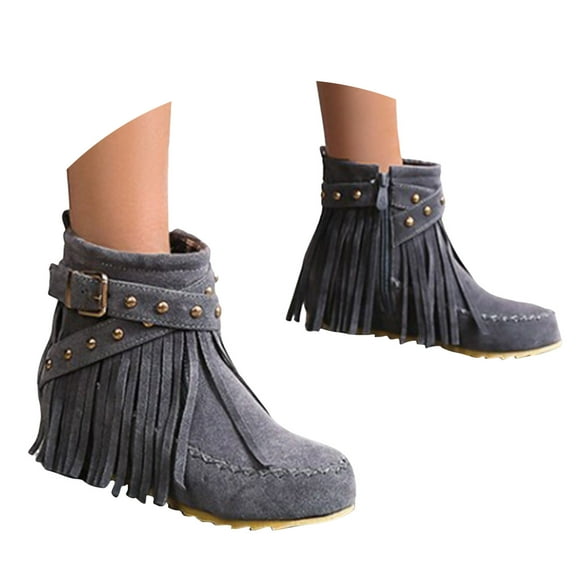 Chenyee Women's Suede Fringe Ankle Boots Flat Hidden Inner Side Zipper Short Booties