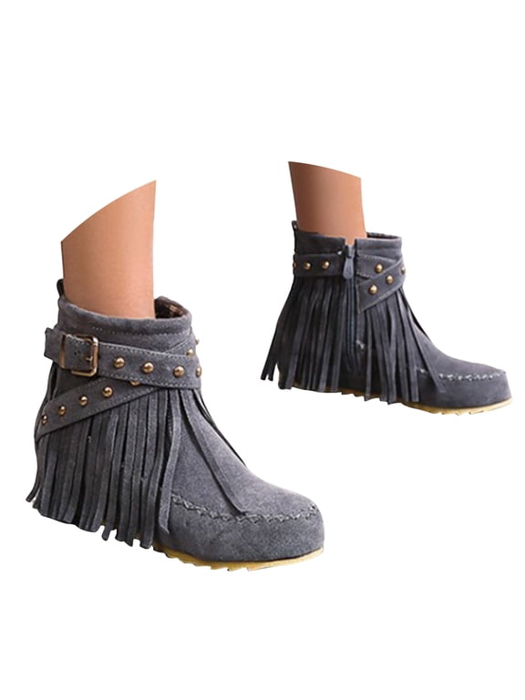 Women's Suede Fringe Ankle Boots Flat Hidden Inner Side Zipper Short Booties