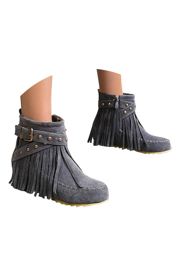 Women's Suede Fringe Ankle Boots Flat Hidden Inner Side Zipper Short Booties