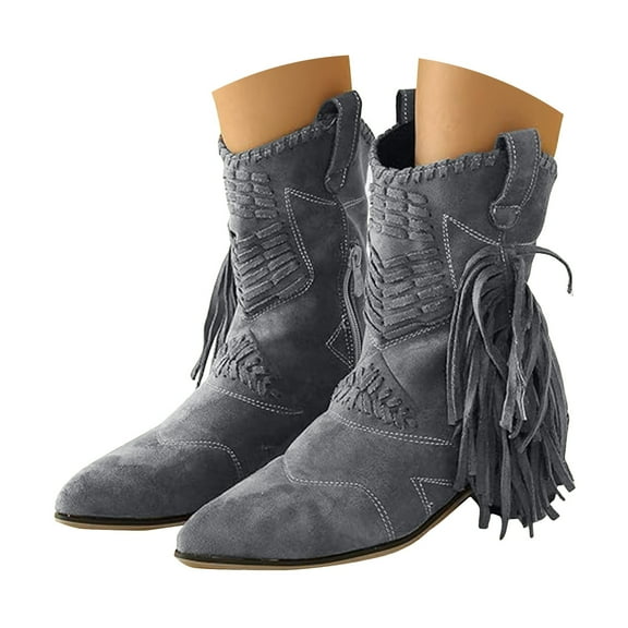 Chenyee Women's Suede Fringe Mid Calf Boots Pointed Toe Plush Casual Comfortable Woven Detail Dress Booties