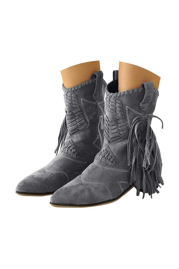 Women's Suede Fringe Mid Calf Boots Pointed Toe Plush Casual Comfortable Woven Detail Dress Booties