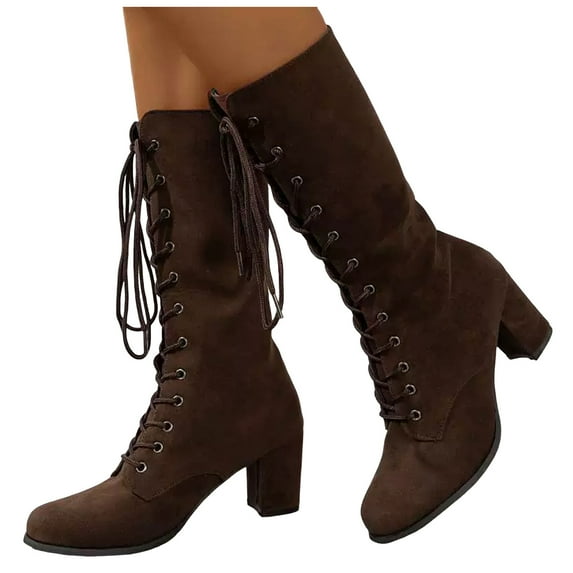 Chenyee Women's Suede Knee High Boots Ladies Lace Up High Chunky Heel Winter Combat Riding Booties