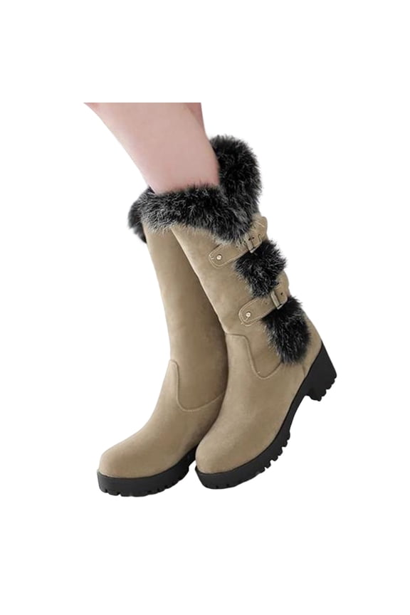 Women's Suede Warm Mid Calf Snow Boots Buckle Low Heel Non Slip Warm Fleece Lined Booties