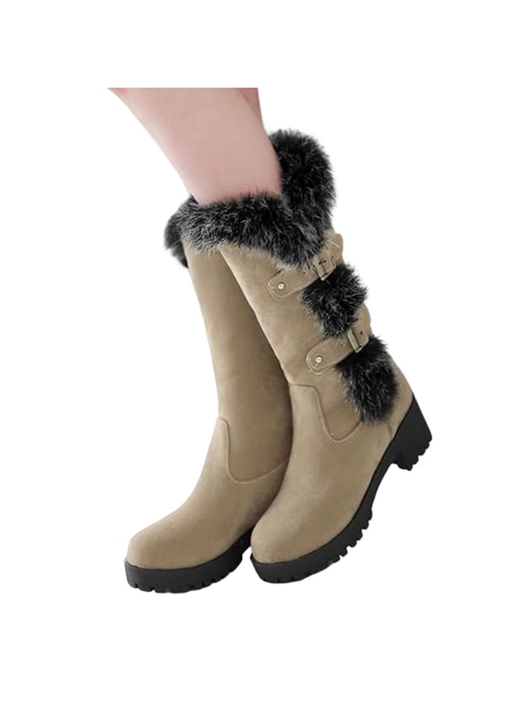 Women's Suede Warm Mid Calf Snow Boots Buckle Low Heel Non Slip Warm Fleece Lined Booties