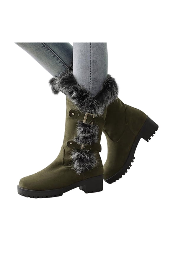 Women's Suede Warm Mid Calf Snow Boots Buckle Low Heel Non Slip Warm Fleece Lined Booties