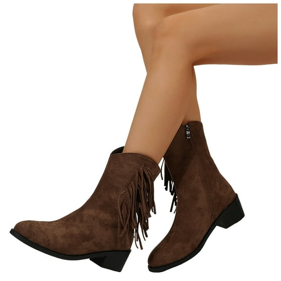 Chenyee Women's Tassel Ankle Boots Comfortable Mid Calf Block Heel Western Cowboy Booties