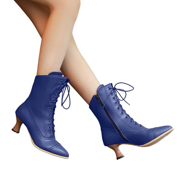 Chenyee Women's Vintage Western Mid Calf Boots Fashion Kitten Heel Pointed Toe Lace Up Dress Booties