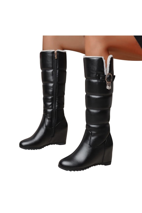 Women's Wedge Knee High Furry Boots Warm Fleece Lined Wide Calf Snow Booties Non Slip Dress Shoes