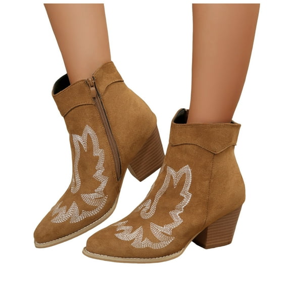 Chenyee Women's Western Ankle Boots Classic Pointed Toe Embroidered Low Heel Short Booties