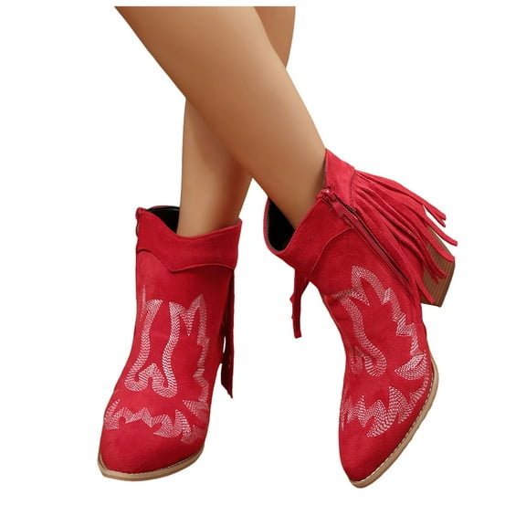 Chenyee Women's Western Fringe Ankle Boots Zip Up Pointed Toe Embroidered Chunky Low Heel Short Booties