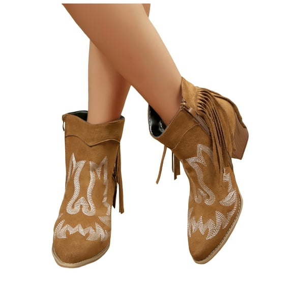 Chenyee Women's Western Fringe Ankle Boots Zip Up Pointed Toe Embroidered Chunky Low Heel Short Booties