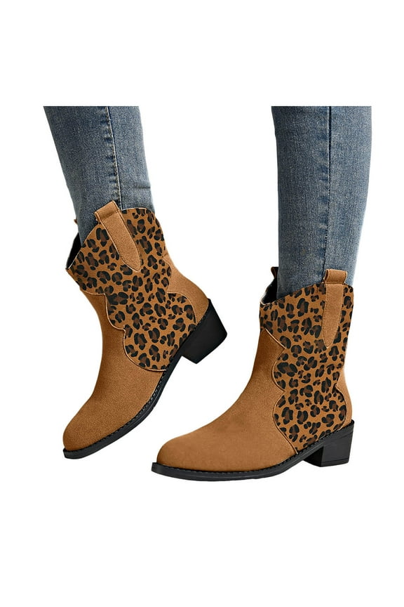 Women's Western Leopard Print Cowboy Boots Heel Classic Pointed Toe Short Ankle Booties