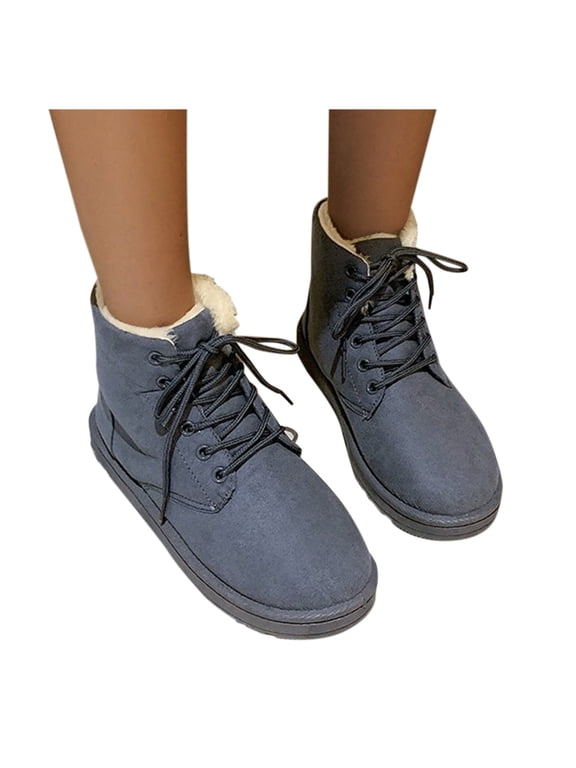 Women's Winter Fuzzy Boots Comfortable Fleece Lined Suede Lace Up Flat Snow Warm Combat Booties