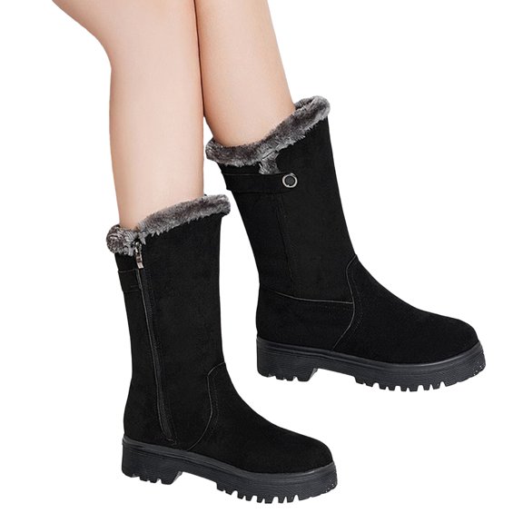 Chenyee Women's Winter Snow Boots Comfortable Non Slip Fleece Lined Mid Calf Warm Suede Fuzzy Booties