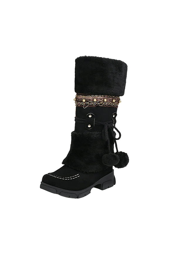 Women's Winter Warm Knee High Snow Boots Chunky Low Heel Slip On Fleece Lined Suede Booties