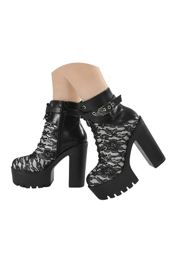 Women's Zip Up Combat Ankle Boots Platform High Chunky Heel Lace Mental Chain Gothic Booties