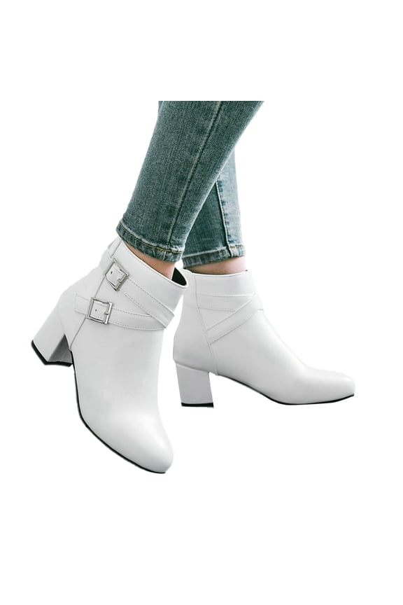 Women's Zip Up Dress Boots Comfortable Mid Calf Chunky High Heel Ankle Boots with Buckle Strap