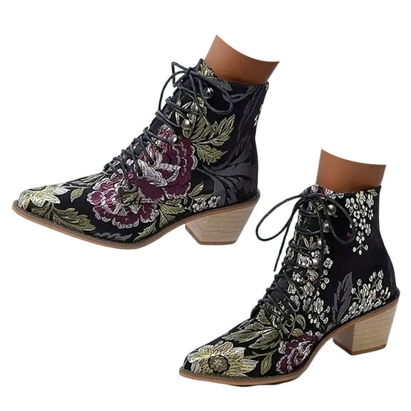 Chenyee Womens Ankle Boots Pointed Toe Lace Up Vintage Floral Embroidered Mid Block Heel Short Cowboy Booties