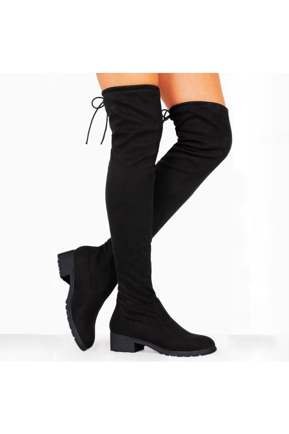 Womens Black Thigh High Boots Suede Platform Chunky Heel Stretch Over The Knee High Booties
