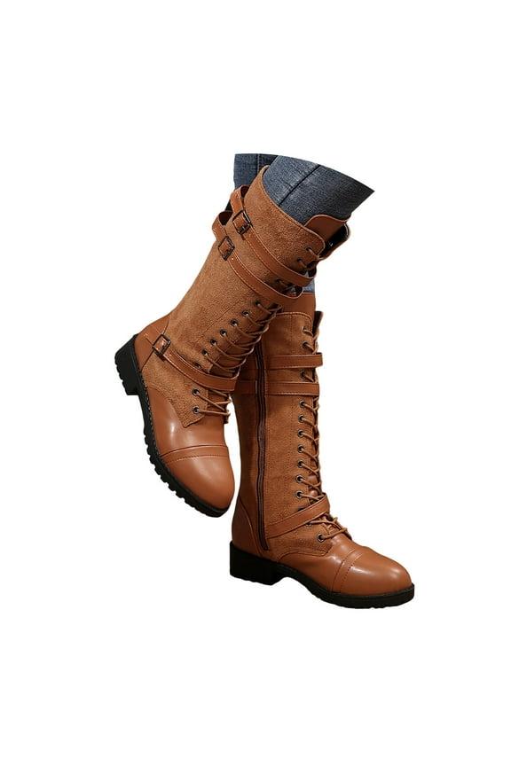 Womens Knee High Boots Strappy Lace Up Gothic Vintage Punk Buckle Flat Combat Riding Booties