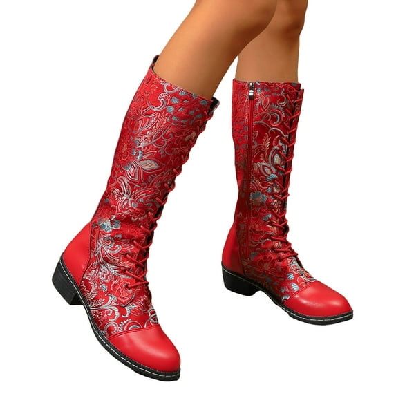 Chenyee Womens Knee High Combat Boots Vintage Ethnic Embroidery Lace Up Block Low Heel Mid Calf Riding Boots