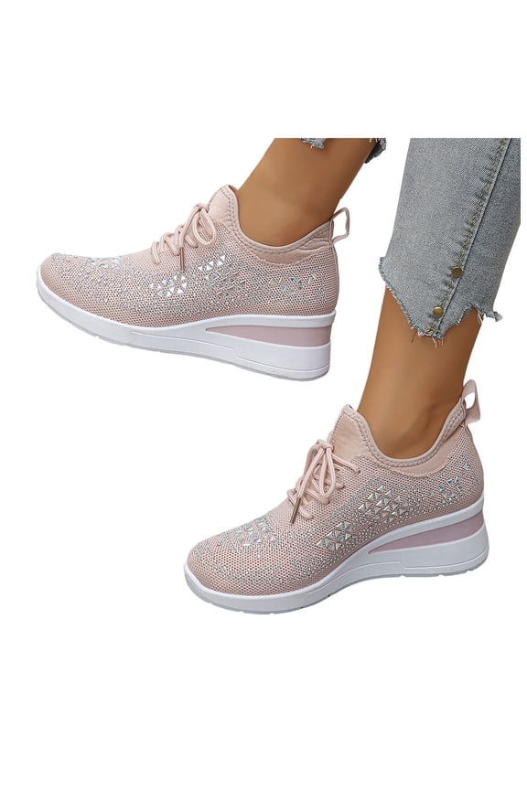 Womens Lace Up Sneakers Platform Wedge Breathable Sparkly Rhinestone High Top Sport Shoes