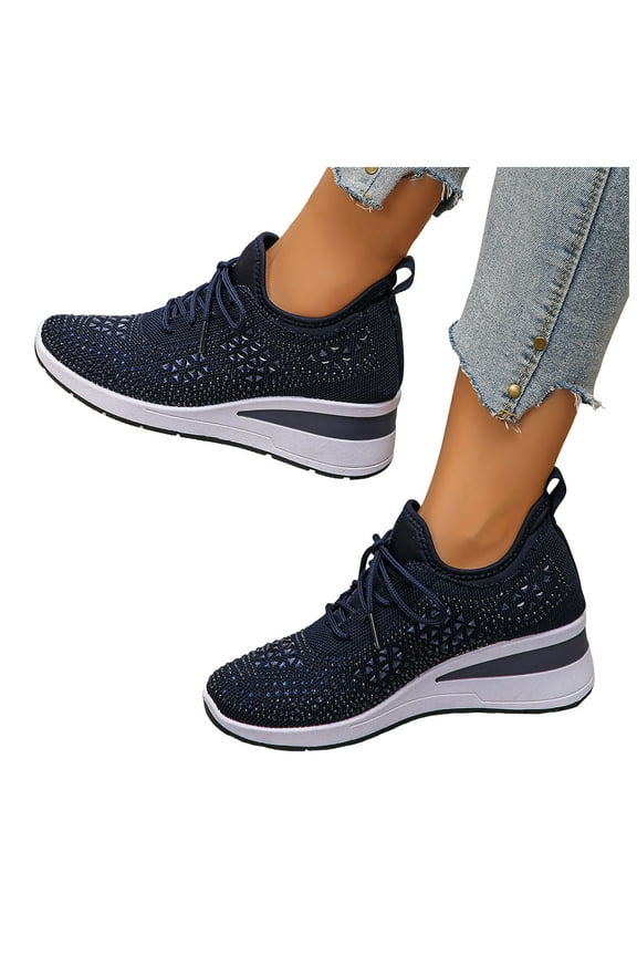 Womens Lace Up Sneakers Platform Wedge Breathable Sparkly Rhinestone High Top Sport Shoes
