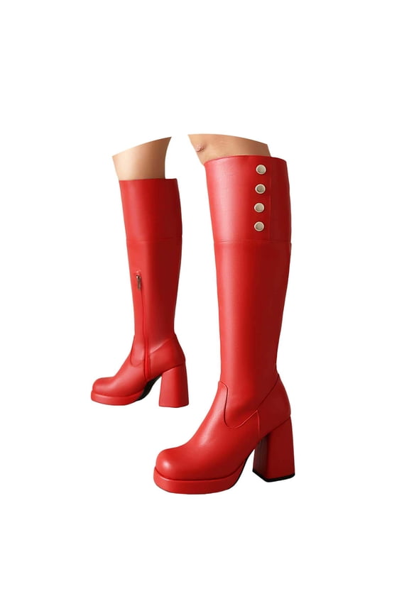 Womens Leather Knee High Boots Platform Square Toe Block High Heeled Wide Calf Riding Booties