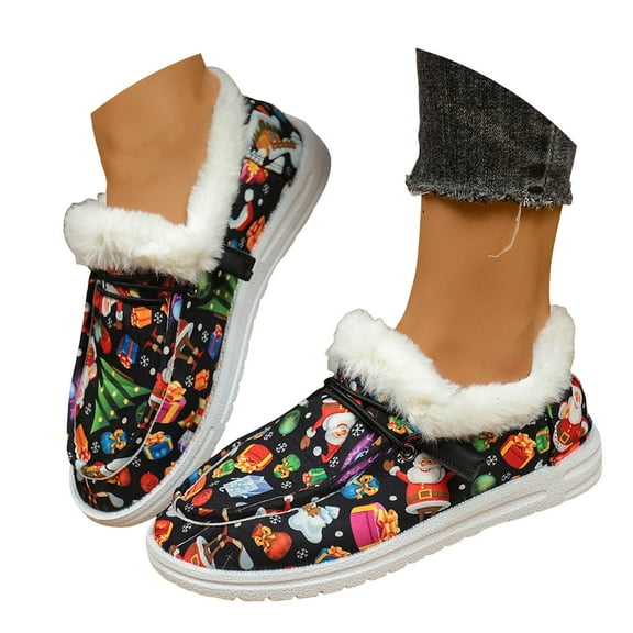 Chenyee Womens Loafers Fashion Christmas Print Slip On Sneakers Warm Fleece Lined Walking Shoes