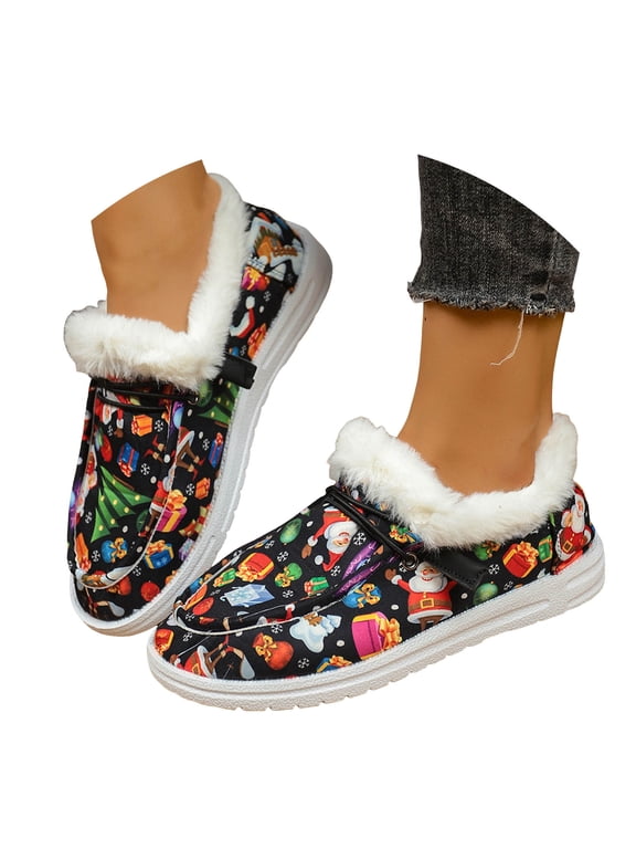 Womens Loafers Fashion Christmas Print Slip On Sneakers Warm Fleece Lined Walking Shoes