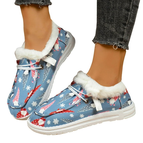 Chenyee Womens Loafers Fashion Christmas Print Slip On Sneakers Warm Fleece Lined Walking Shoes