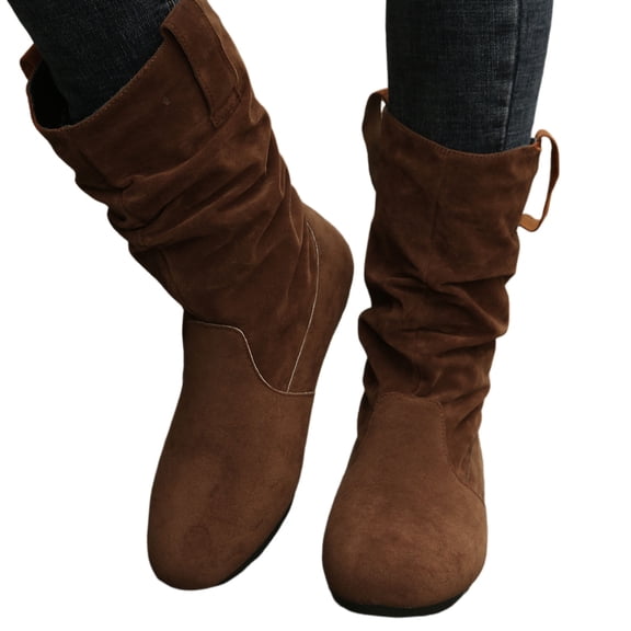 Chenyee Womens Low Heel Mid Calf Boots Slouchy Suede Slip On Under Knee High Booties with Side Zipper