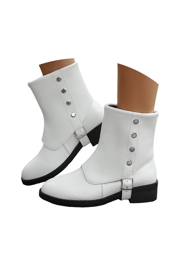 Womens Mid Calf Boots Block Low Heel Studded Belt Buckle Strap Fold Over Leather Riding Booties