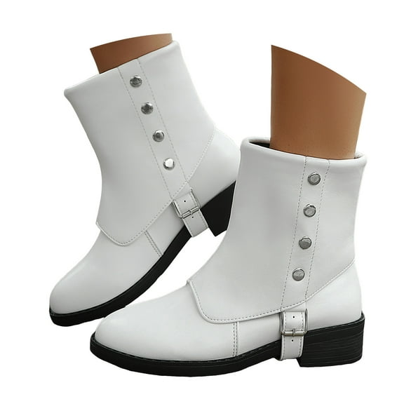 Chenyee Womens Mid Calf Boots Block Low Heel Studded Belt Buckle Strap Fold Over Leather Riding Booties