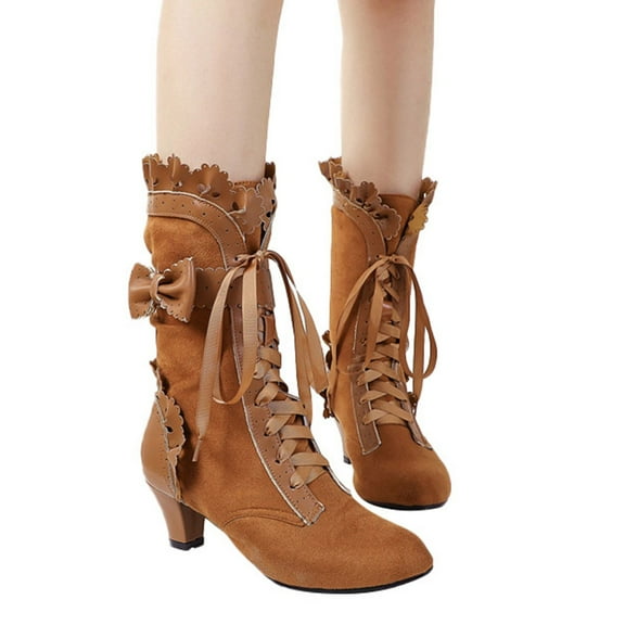 Chenyee Womens Mid Calf Boots Heels Lace up Cute Bow Knot Vintage Lolita Gothic Booties