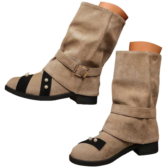 Chenyee Womens Mid Calf Boots Wide Calf Fashion Suede Fold Over Booties with Adjustable Buckle Strap