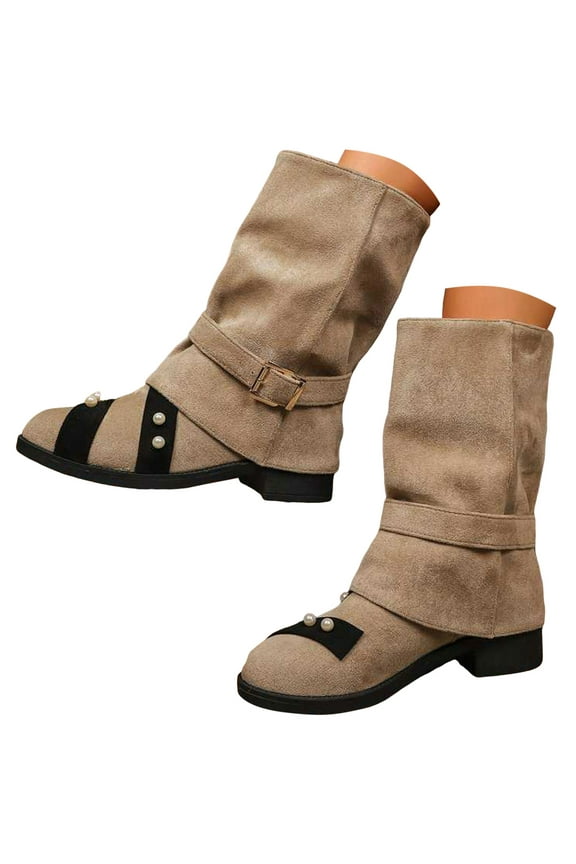 Womens Mid Calf Boots Wide Calf Fashion Suede Fold Over Booties with Adjustable Buckle Strap