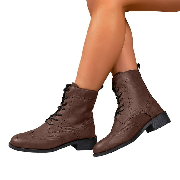 Chenyee Womens Mid Calf Combat Boots Chunky Low Heel Lace Up Round Toe Riding Boots with Side Zipper