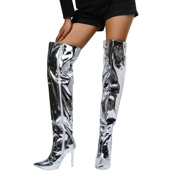 Chenyee Womens Over the Knee Boots Wide Width Stiletto Heel Pointed Toe Patent Leather Thigh High Booties