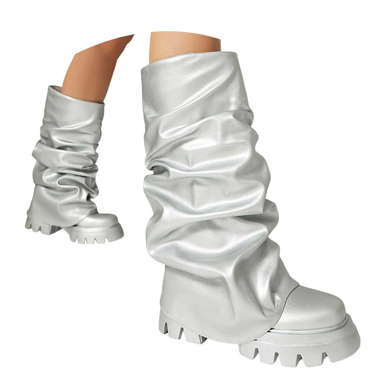 Chenyee Womens Platform Fold Knee High Boots Slouchy Ruched Pull