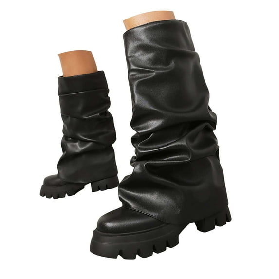 Chenyee Womens Platform Fold Knee High Boots Slouchy Ruched Pull On Leather Wide Calf Booties